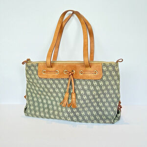 Dooney & Bourke DB Monogram￼Canvas Tote Bag Brown Leather Trim Zip Top